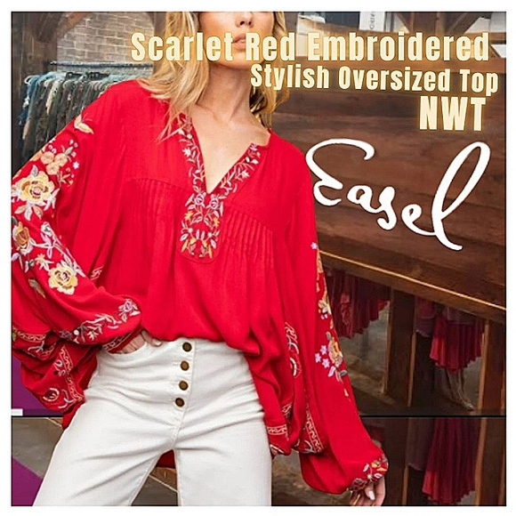 EASEL Scarlet Red Color Embroidery Dolman Sleeve Oversize Top Small Medium NWT - Picture 2 of 7